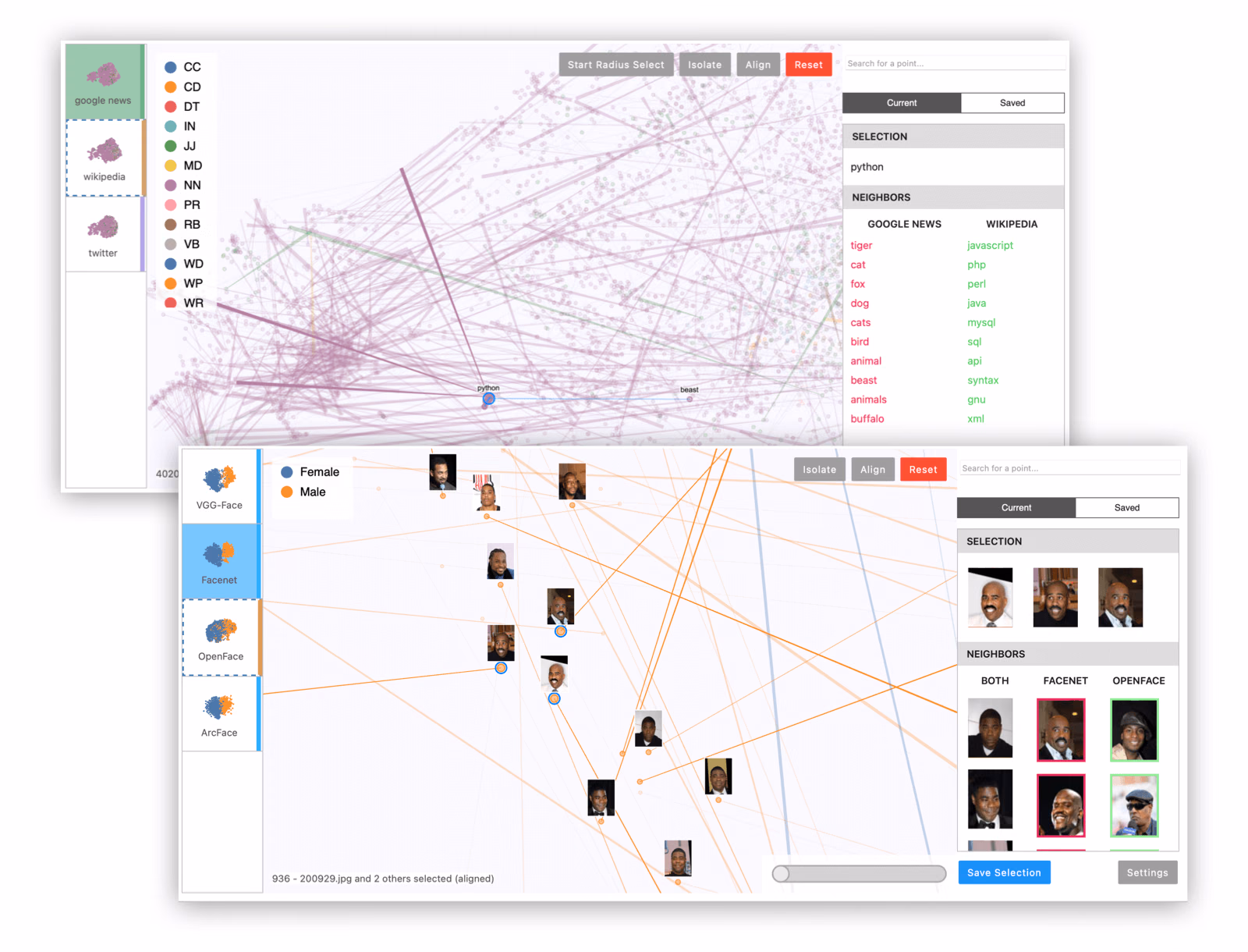 Screenshots of Emblaze, an embedding comparison tool